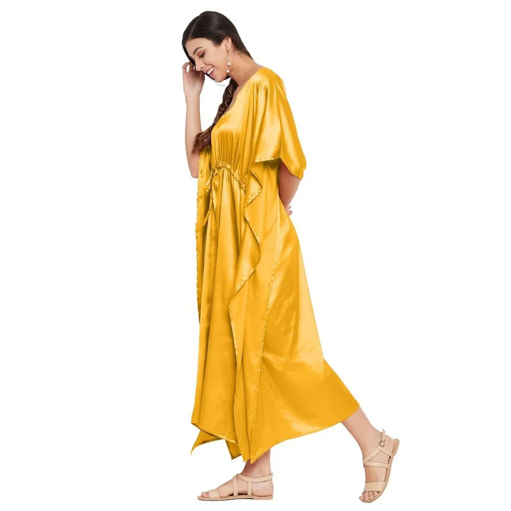 Women Plus Size Fit and Flare Yellow Kaftan Solid Maxi Dress by Gypsie Blu_3